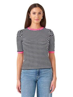 Rebecca Minkoff Women's Black/White Stripe Pink Trim Puff Sleeve Top